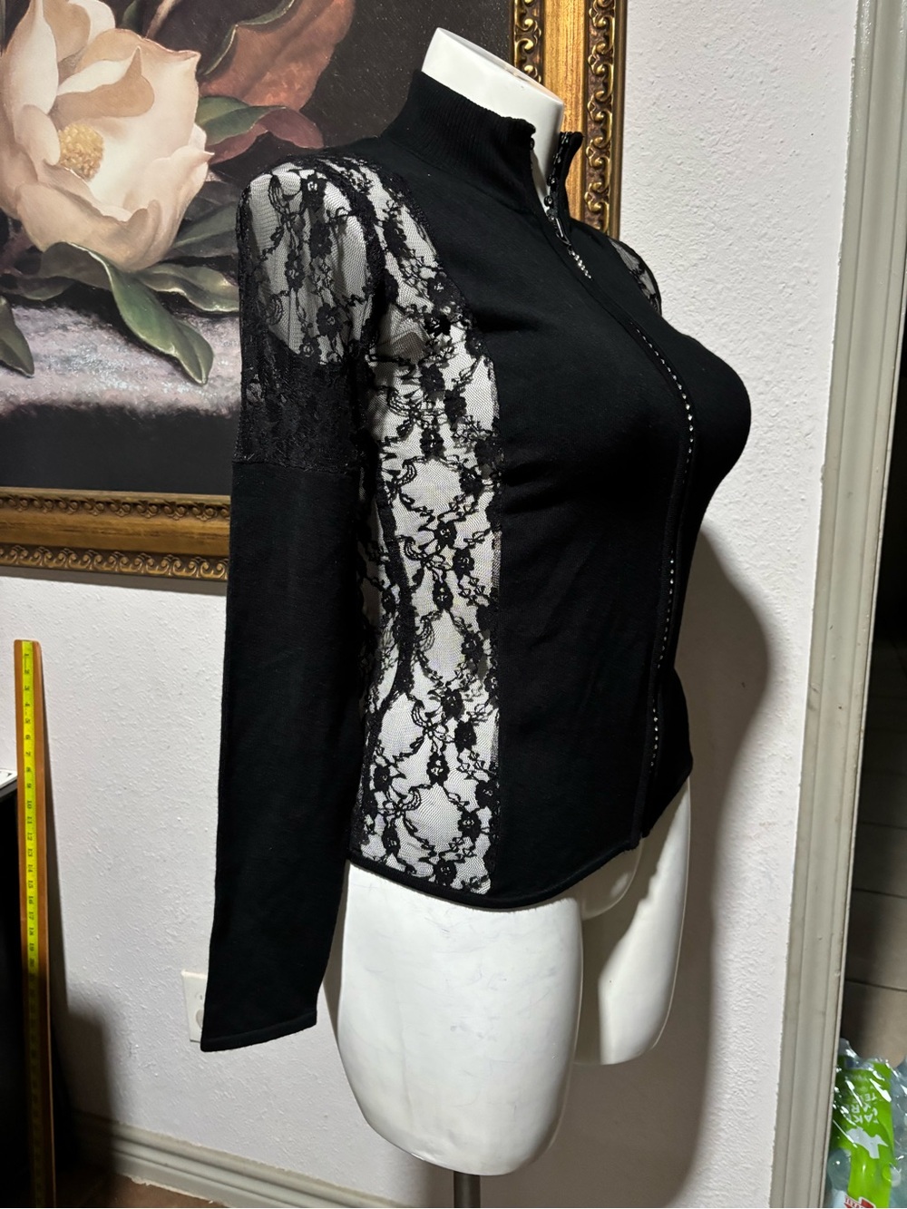 Belldini Black Lace-Panel Zip Cardigan